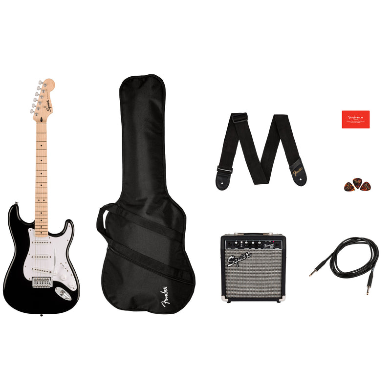 Squier Sonic Stratocaster Pack - Maple Fingerboard, Black with Gig Bag and Frontman 10G