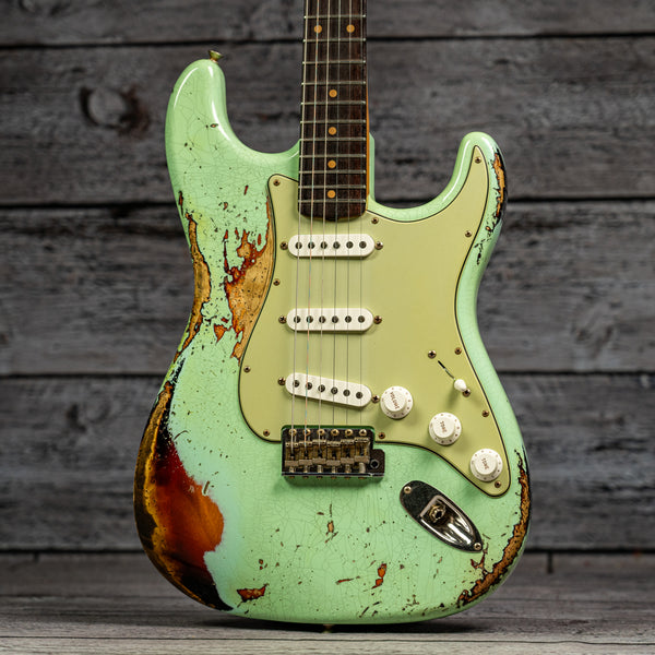 Fender Custom Shop 1961 Stratocaster Super Heavy Relic - 3A Rosewood Fingerboard, Aged Surf Green over 3-Tone Sunburst