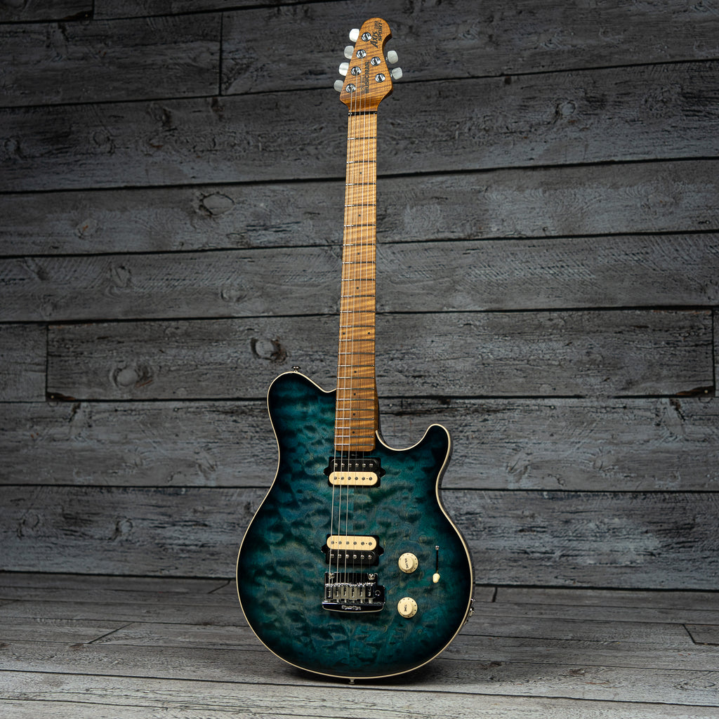 Ernie Ball Music Man Axis Super Sport HH Trem - Yucatan Blue Quilt -  Roasted Maple Neck